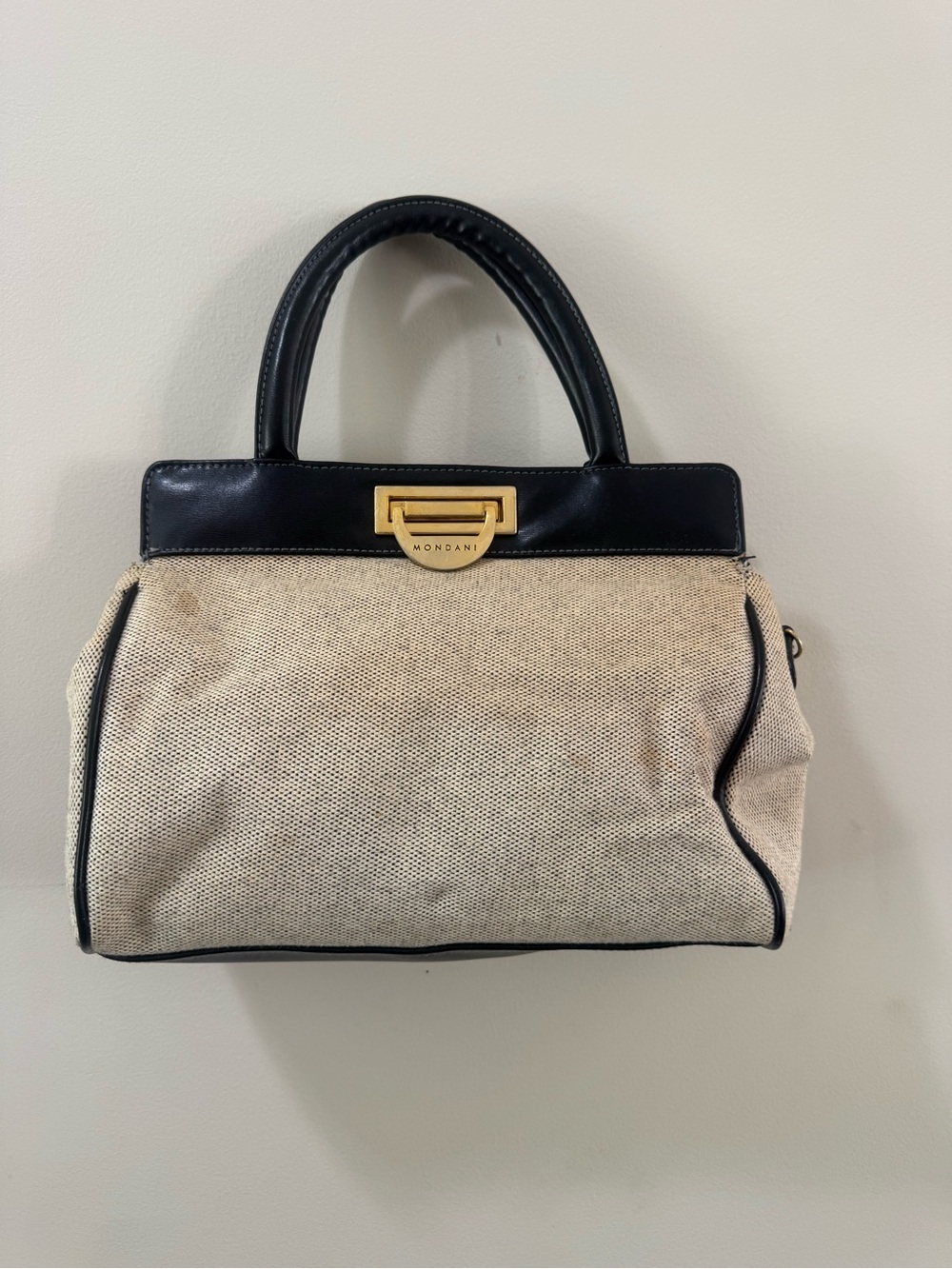 Y2K Mondani Black & Beige Canvas Top-Handle Bag